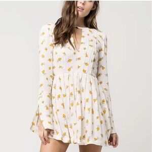 Free People “Tegan” Cream & Yellow Floral Keyhole Neck Long Sleeve Mini Dress 12